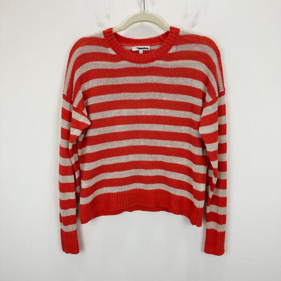 Madewell Linen Drop Shoulder Sweater Bright Flame Striped Nautical Small - Picture 7 of 14